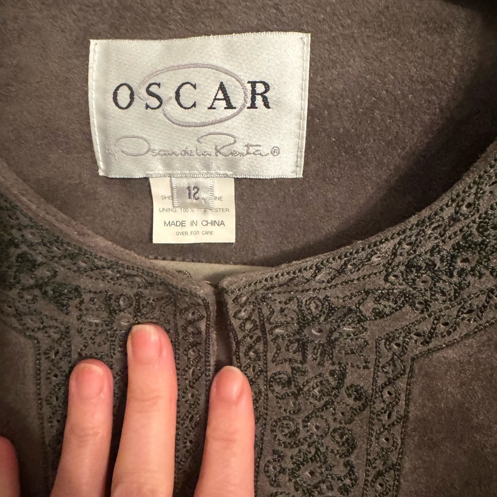 Oscar de la Renta Suede Jacket Olive Green Embroidered Vintage Tunic Coat SZ 12 - Picture 4 of 8